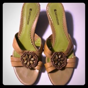 Naturalized Tan Leather Embellished Wedge Slides